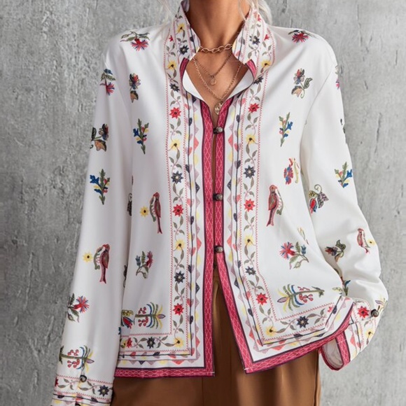 Boho Pink Floral Print Casual Blouse Cottage Core - Picture 2 of 4